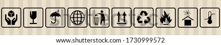 FRAGILE MARK label, box signs, shipping mark, package markings, stamp fragile label. FRAGILE set contain this way up icon, keep dry icon. Fragile box, cargo warning signs. illustration