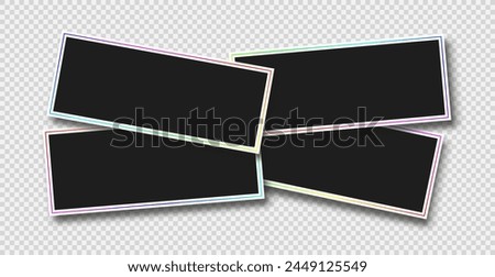 Wide horizontal stacks of four empty photo frames mockup. Realistic vector objects. Clipart photo frames with shadow and rgb contour line.