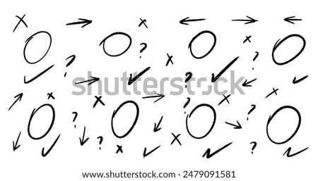 Hand drawn simple symbols. Set of Arrows, question marks, crosses and circles.