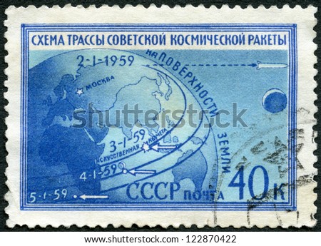 USSR - CIRCA 1959: A stamp printed in USSR shows Globe and route of Luna 1, the scheme of a line of the Soviet space rocket on an earth surface, circa 1959