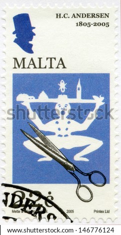 MALTA - CIRCA 2005: A stamp printed in Malta shows Hans Christian Andersen (1805-1875), a writer, circa 2005