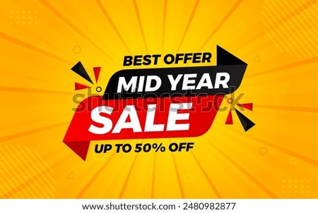 Mid Year Sale banner vector template. New Year Discount vector graphic element. Super shop label Promo design. Product opening festival background collection. 