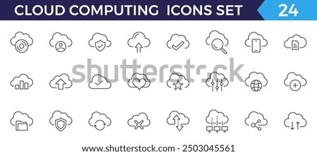 Cloud Computing line icons set. Cloud, cloud services, server, cyber security, digital transformation, computing, server, database, technology, networking, data and internet outline icons collection.