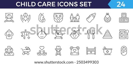 Child care line web icons. international children day, kid rights, parenthood. Outline icon collection. Editable stroke. Vector illustration