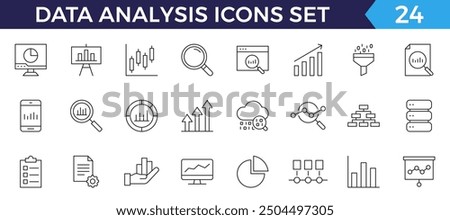 Data analysis line icons set. Analytics, server, mining, data filter, traffic, AI, hosting, monitoring. Statistics and analytics outline icons collection.