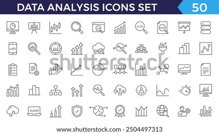 Data analysis line icons set. Analytics, server, mining, data filter, traffic, AI, hosting, monitoring. Statistics and analytics outline icons collection.