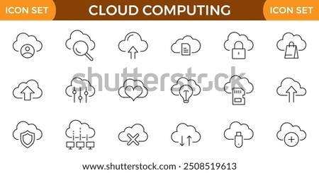 Cloud Computing line icons set. Cloud, cloud services, server, cyber security, digital transformation, computing, server, database, technology, networking, data and internet outline icons collection.