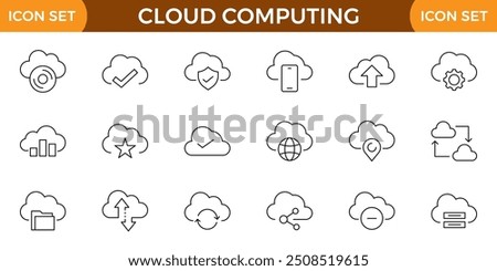 Cloud Computing line icons set. Cloud, cloud services, server, cyber security, digital transformation, computing, server, database, technology, networking, data and internet outline icons collection.