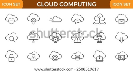 Cloud Computing line icons set. Cloud, cloud services, server, cyber security, digital transformation, computing, server, database, technology, networking, data and internet outline icons collection.