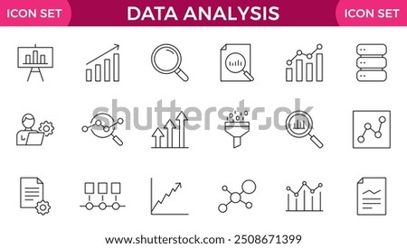 Data analysis line icons set. Analytics, server, mining, data filter, traffic, AI, hosting, monitoring. Statistics and analytics outline icons collection.