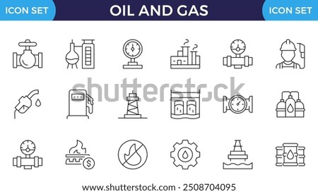 Vector set of oil and gas line icons. Contains icons oil well, gas station, gasoline, tanker, burner, fuel, canister, petroleum and more.