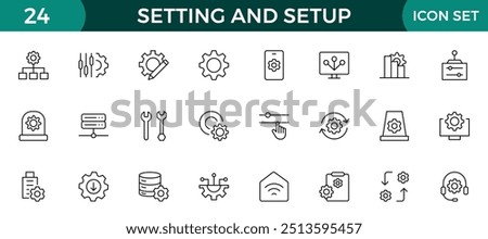 Setting and setup Solid icon collection. app and website settings icon set. options, configuration, preferences, adjustments, tools, gear, control panel, management, and productivity icons.
