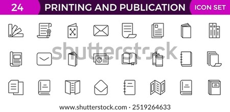 Printing and Publication icon set. Flyer Brochure line icon set. letterhead, booklet, leaflet, corporate catalog, and envelope icon set. Outline iconcollection.
