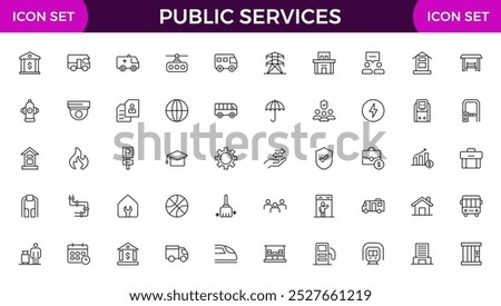 Set of outline Public Services icons. Minimalist thin linear web icon set. Line icons related to public utilities. Gas, electricity, water, heating.
