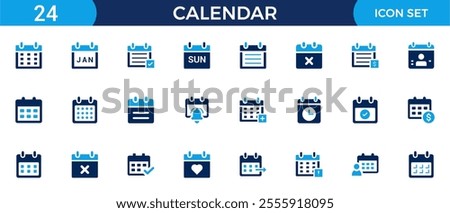 Calendar icon set. Containing date, schedule, month, week, appointment, agenda, organization and event icons. Solid icon collection. Vector illustration.
