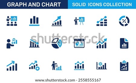 Graph and Chart icon set. Containing data, increase, growth, pie chart, data analytics, business, report and more. Solid vector icons collection.