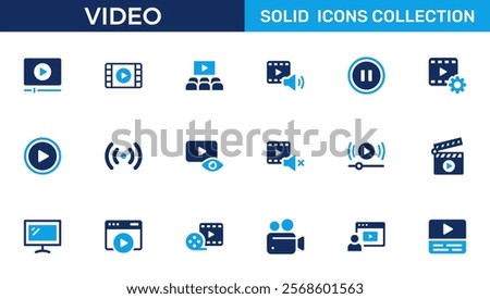 Video icon set. Containing camera, play, pause, media, online video, live, production, player, movie and cinema icons. Solid icon collection.