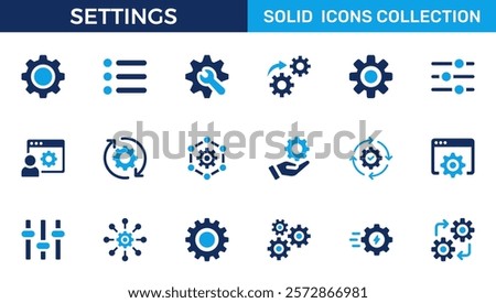 Settings, icon set. Containing options, configuration, preferences, adjustments, operation, gear, control panel, equalizer, management, optimization and productivity icons. Solid icon collection.