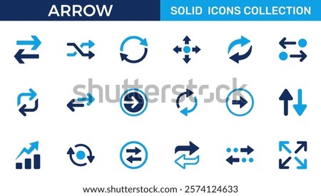 Arrow icon set. Containing cursor arrow, change, transfer, switch, swap, exchange, up, down and refresh symbol icons. Solid icon collection.