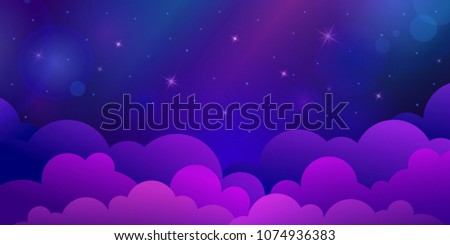 Night stars sky with clouds. Dark blue and violet horizontal illustration background