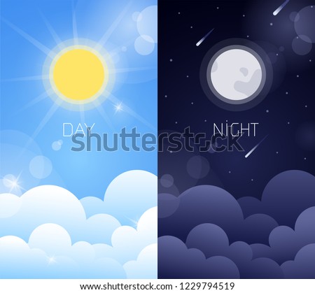 Day and night sky illustration with sun, clouds, moon and stars. Weather app screen, mobile interface design