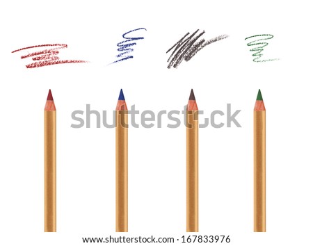 Four cosmetic pencils isolated on white with sample strokes. Eye, brow and lip liner.