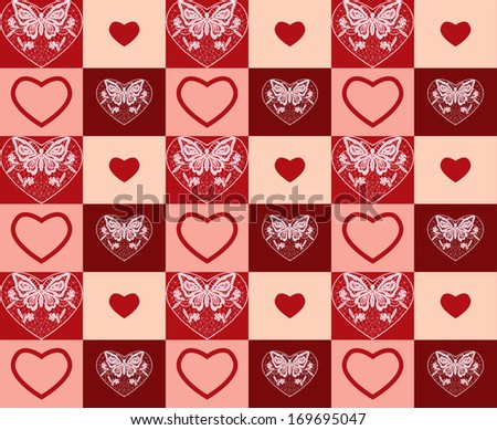 Valentine's day seamless pattern. Lace butterfly and flowers ornament hearts.