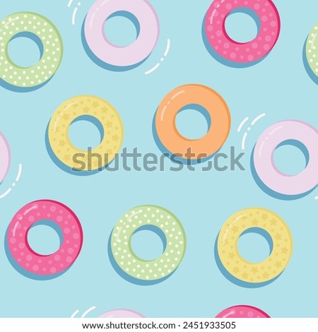 Seamless Repeat Pool Pattern with an ocean blue background, colorful donut shaped pool floats and small waves.