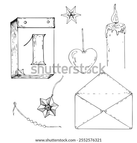 Retro set of elements for Christmas decor. Hand drawn. Isolated on white background. Christmas, winter holiday, new year concept. Tear-off calendar, envelope, candle, stars. Vector illustration