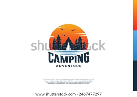 Summer camp badges logo design with sunset and lake views