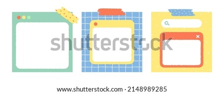 Set of cute colorful web browser window notepad with tape hand drawn vector illustration. Empty pop up. Template paper for sticker note, memo. Cartoon style. Isolated on white.