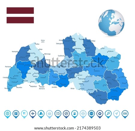 Latvia Blue Map and Map icons. Spotted blue colors. Vector illustration.