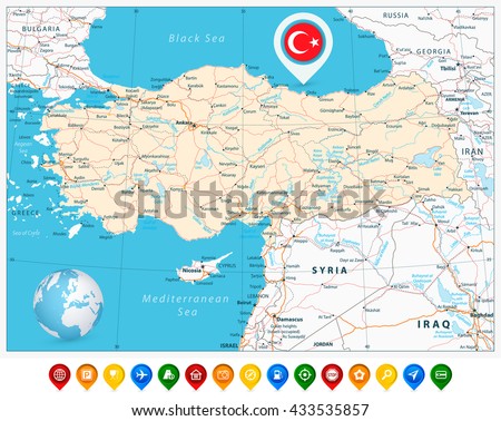 Detailed road vector map of Turkey and colorful map pointers with separated layers.