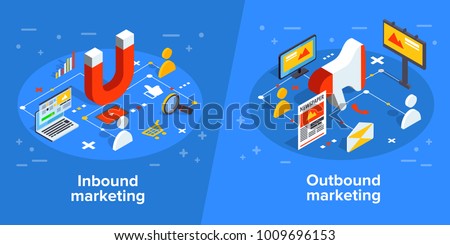 Inbound and outbound marketing vector business illustration in isometric design. Online and offline or interruption and permission marketing background.