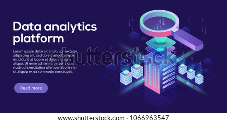 Data analytics platform isometric vector illustration. Abstract hosting server or data center room background. Network or mainframe infrastructure website header layout. Computer storage workstation