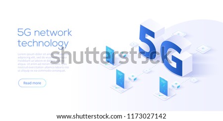 5g network technology in isometric vector illustration. Wireless mobile telecommunication service concept. Marketing website landing template. Smartphone internet speed connection background.