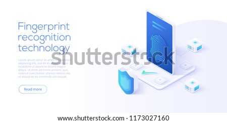 Fingerprint recognition technology in isometric vector illustration. Smartphone id security system concept. Finger touch scanner app. Web landing page template.