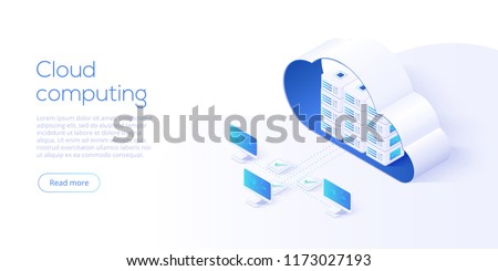 Cloud storage download isometric vector illustration. Digital service or app with data transfering. Online computing technology. 3d servers and datacenter connection network. 商業照片 © 