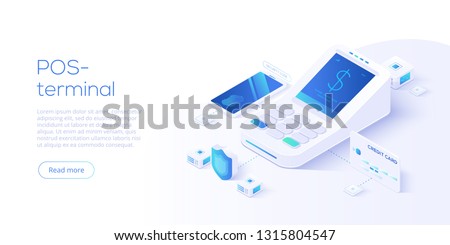 Internet banking concept in isometric vector illustration. Digital payment or online money transfer service. POS terminal for contactless smartphone pay. Website banner or webpage layout template.