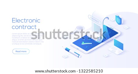 Electronic contract or digital signature concept in isometric vector illustration. Online e-contract document sign via smartphone or laptop. Website or webpage layout template. 