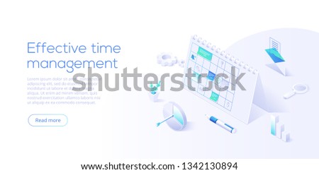 Schedule calendar or office planner in isometric vector illustration. Effective time management concept. Job optimization background for web banner layout template.