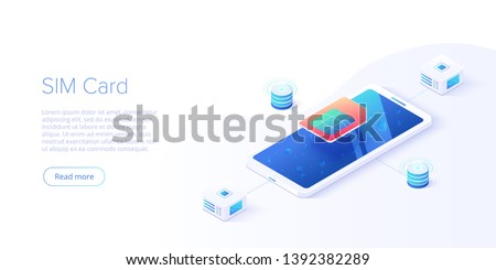 SIM card concept in isometric vector illustration. Mobile network with esim microchip technology. Web banner layout template.