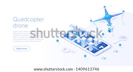 Drone with smartphone remote control concept in isometric vector illustration. Flying camera helicopter videography background. Web banner layout template.