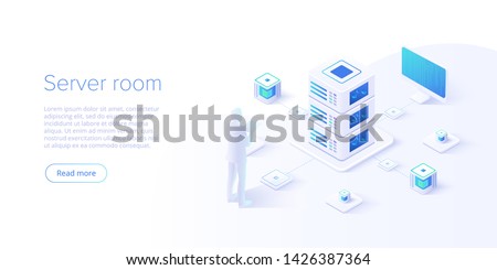 Datacenter isometric vector illustration. Abstract hosting server or data center room background. Network or mainframe infrastructure website layout. Computer storage or farming workstation.