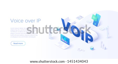 Voip isometric vector concept illustration. Voice over IP or internet protocol technology background. Network phone call software. Website layout template for web banners.