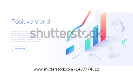 Positive trend isometric vector illustration. Business analysis for company marketing solutions or financial performance. Budget accounting or statistics concept for increasing income.