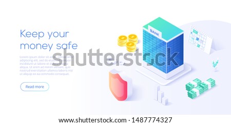 Bank building in money transaction concept in isometric vector design. Payment transfer or making deposit or investment. Web banner for website layout template.