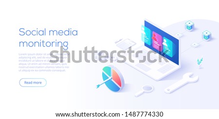 Social media monitoring concept in isometric vector design. Online internet marketing or business analysis tools. User engagement metrics or measure technology. Website banner layout template.