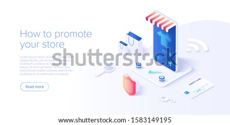Online shopping or e-commerce isometric vector illustration. Internet store checkput procedure concept with smartphone and bag. Credit card payment transaction via app.
