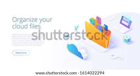 Cloud storage folder isometric vector illustration. Digital file organization service or app with data transfering. Online computing technology. Internet server or datacenter connection network.